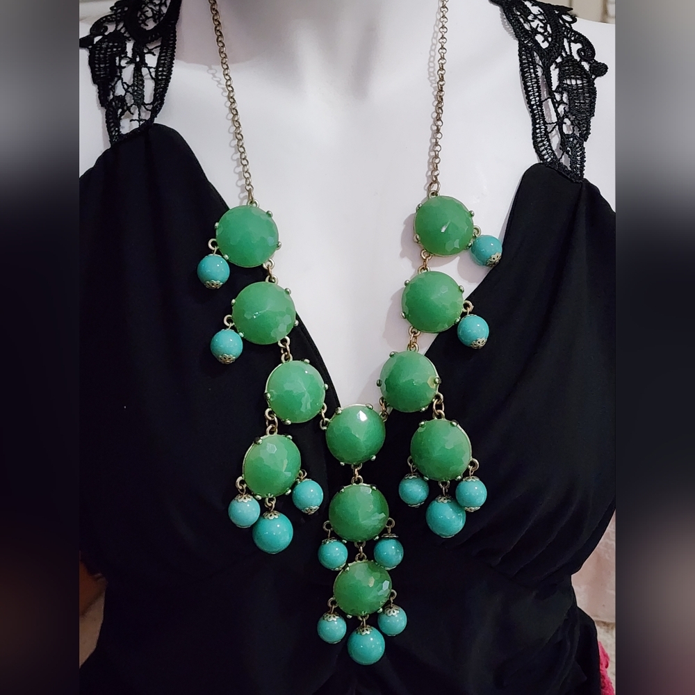 Long Statement Necklace Green Cabochons With Blue Bobble Beads Gold Tone Chain